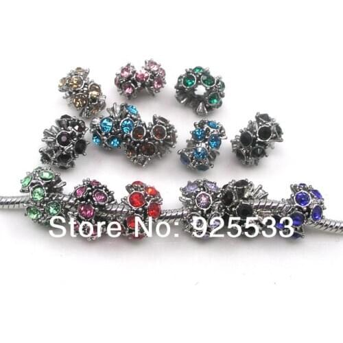 Free shipping 50pcs 12x8mm antique silver plated mix color rhinestone big hole metal loose beads European bracelet jewelry DIY