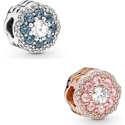 Free Shipping Authentic 925 Sterling Silver Pink Blue Sparkle Flower Charm Fit Original Pandora Bracelet For Women DIY Jewelry