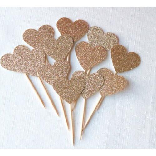 Glitter antique gold hearts wedding birthday cupcake toppers Valentines Day engagement party decoration doughnut toothpicks