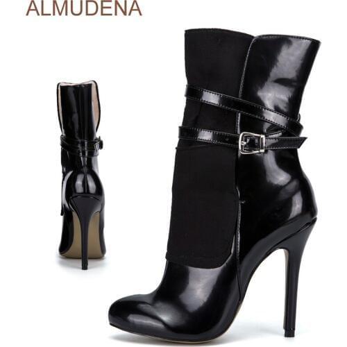 Nubuck Patent Leather Patchwork Thin High Heel Ankle Boots Black Leopard Print Elegance Women Shoes
