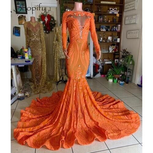 Long Sexy Prom Dresses 2021 Long Sleeve Mermaid Orange Sequin African Black Girls Prom Party Gala Gowns