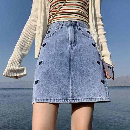 High Waist Denim Skirt Female Summer New Love Embroidered A-line Loose Wild Jean Short Dress