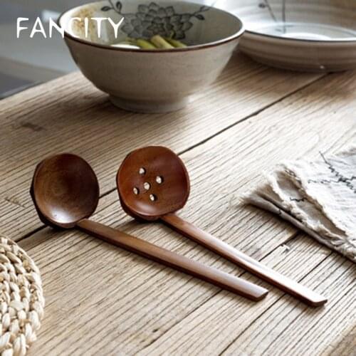 FANCITY Japanese style creative wooden long-handled ramen spoon household hot pot slotted spoon ajisen ramen spoon bamboo wooden