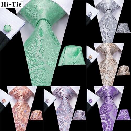 Hi-Tie Light Green Paisley Silk Wedding Tie For Men Summer Fashion Design Hanky Cufflink Gift Set Business Party Dropshipping