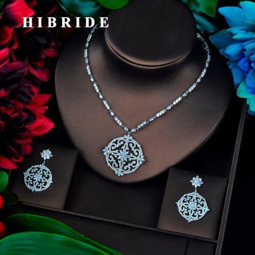 HIBRIDE New Design Round Shape Pendant Necklace Set Top Quality Cubic Zircon Women Bridal Jewelry Set Wholesale Price N-682