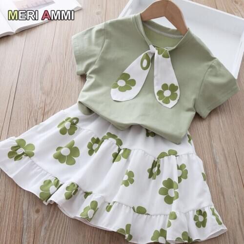 MERI AMMI Kids Clothing Set Children Girl Summer Outfit Bow Tie Tee +Bowknot Skirts Outwear For 2-7 Year Baby Girl