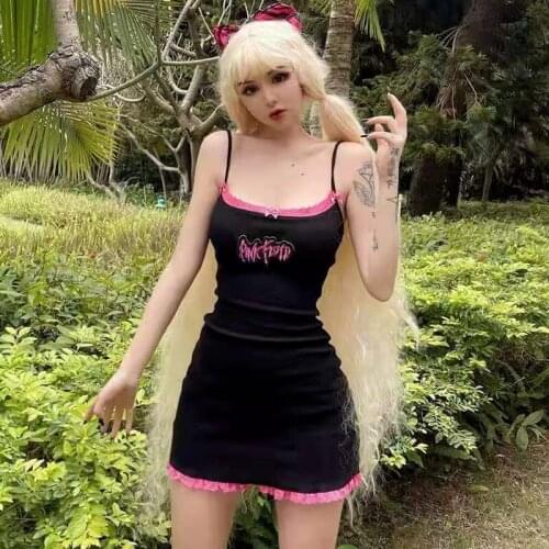 Emo Alt Goth Cyber Y2K Mini Dress Women E-girl Pink Black Lace Trim Sexy Mini Dresses Dark Academia Aesthetic 90s Kawaii Clothes