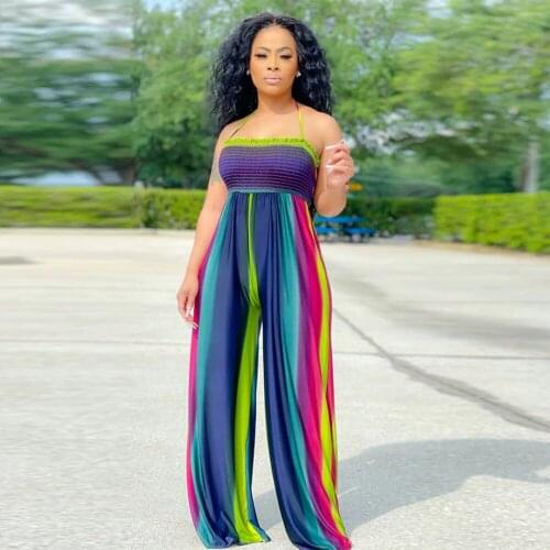Multicolor Striped Print Loose Rompers Womens Jumpsuit Sexy Backless Bandage One Piece Catsuits Fashion Streetwear Playsuits
