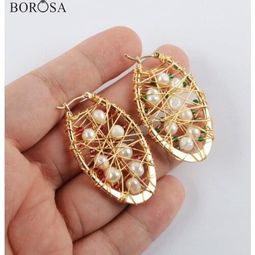BOROSA Fashion Pearl Earrings Wire Wrapped Pearl Beads Earrings in Gold Hoop Earrings Jewelry for Women Gifts WX1314