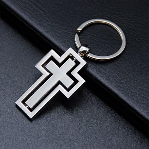 Fashionable Simple Metal Cross Keychain Hollow 360 Degree Rotating Keychain Christian Gift Pendant