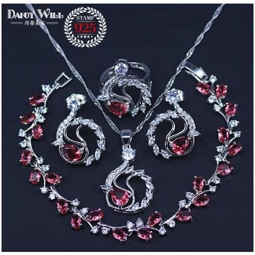 Four Piece Silver Color Women Wedding Jewelry Sets Rose Red Garnet Ring Size 6/7/8/9/10 Bracelet Length 18CM+3CM