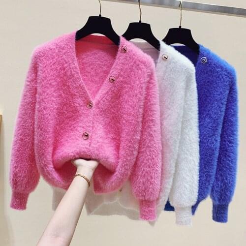 Candy Color Mink Cashmere Cardigan New Korean Autumn Winter Thick Soft Single Breasted Knitting Loose Sweater Coat