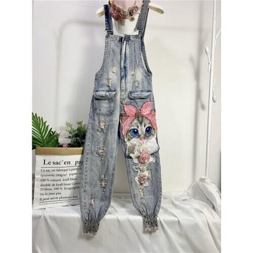 2020 New Women Print Cartoon Cat Denim Jumpsuit Rompers Overalls Hole Loose Beaded Jean Pants Female Plus Size Casual Long Pants