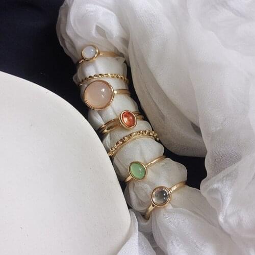 2021 New Korea 8pcs/set Vintage Colorful Stone Metallic Chain Trendy Geometry Hit Rings Set for Women Girls Jewelry