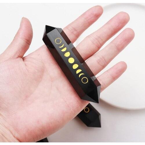 Obsidian Eclipse Golden Sign Double Cusp Hexagonal Natural Reiki Quartz Crystal Double Point Crystal Magic Wand Healing Stone