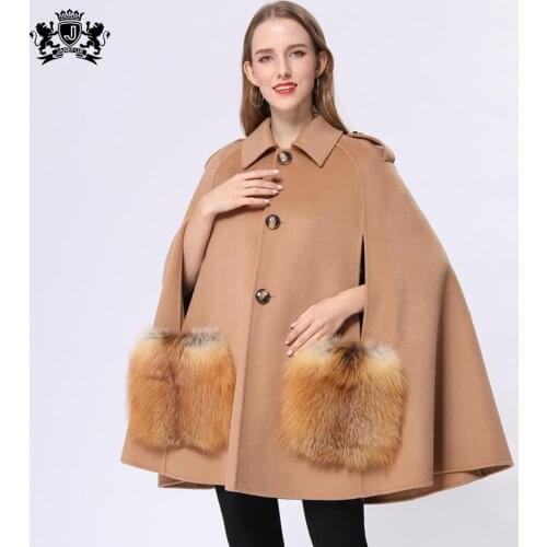 Janefur Women Poncho Wool Coat Real Fox Fur Pocket Cape Shawl Female Fashion Clothes Autumn Capes Coat Ladies Bat Sleeve Outwear