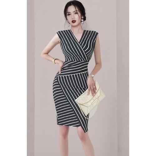 New Arrival Fashion Vintage Dress Women Elegant Summer Temperament Office Lady Sleeveless V-Neck Stripe Slim Pencil Dress