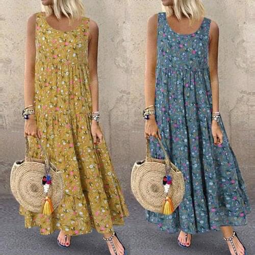 Women Plus Size Casual Loose Sleeveless O-neck Floral Daily Linen Print Long Maxi Dress Vestido de verano Платье женское