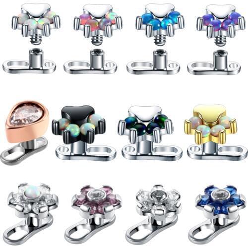 1Set Steel Opal Dermal Top Piercings Titanium Crystal Flower Micro Dermal Anchor Base Kit 14G Surface Skinner Diver Body Jewelry