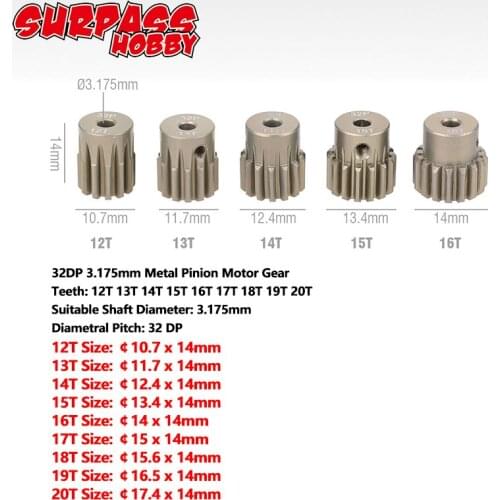 SURPASS HOBBY 5PCS 32DP 3.175mm Metal Pinion Motor Gear Set 12T 13T 14T 15T 16T 17T 18T 19T 20T for 1/10 RC Car Truck Buggy Car