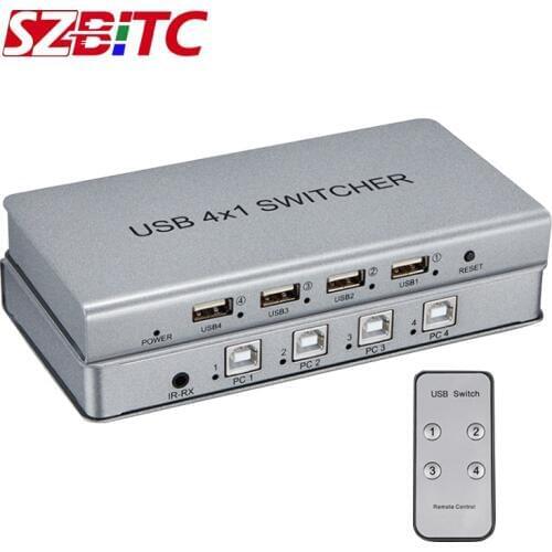 SZBITC USB Switcher 4x1 Support USB2.0 Switch 4 In 1 Out adapter box selector for PC Game Teach KVM Extender