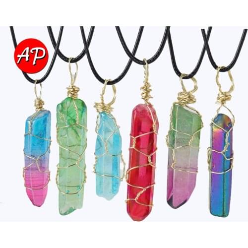 1pc Natural Crystal Quartz Electroplated wire colored hand woven hexagonal post Pendant Jewelry Necklace