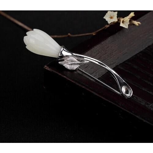 925 Sterling Silver Brooch Jade Magnolia Flower Pins Brooches For Women Pendant Luxury Jewelry Pin Suit Gift Girl Jewellery