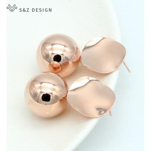 S&Z New Fashion Stud Earrings For Women 585 Rose Gold Round Ball Geometric Earrings For Party Wedding Gift Ear Jewelry