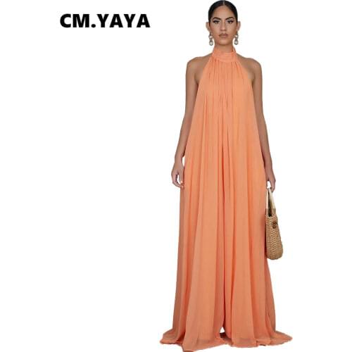 CM.YAYA Women Summer Sleeveless Open Back Halter Neck Loose Beach Jumpsuit High Streetwear Boho Long Romper One Piece Overall