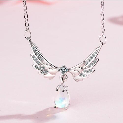 Wholesale Silver Plated Fashion Angel Wing Crystal Female Christmas Gift Ladies Pendant Necklace Jewelry Women Short Chain