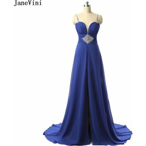 JaneVini Sexy Royal Blue Chiffon Bridesmaid Dresses Spaghetti Straps Beading Backless Sweep Train A Line Special Occasion Dress
