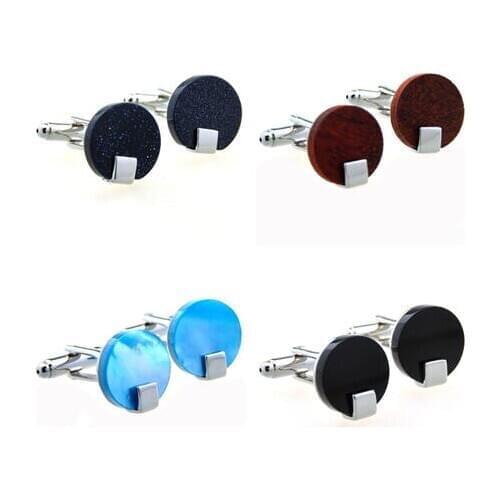 10pairs/lot Classic Round Natural Wood/Black Onyx Cufflinks Blue Pearl Shell/Stone Cuff Links Simple Business Style Men' Jewerly