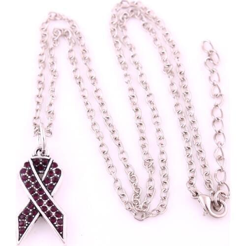 10pcs Purpe crystal Vintage Style Alloy Antique breast cancer ribbon charm necklace
