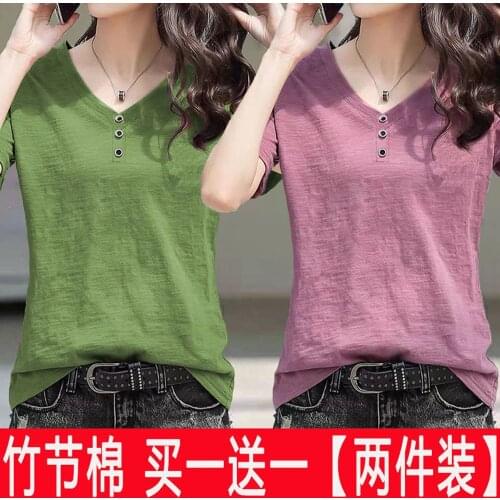 2 Pieces Woman T-shirts 100% Cotton V Neck Tees Button Short Sleeve Top Summer Oversize Solid Women Casual Tops Shirt