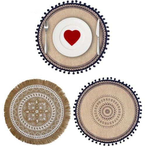 39cm Tassel Placemat Round Cotton Linen Art Decorative Bowl Mat Ins Style Round Insulation Non-slip Table Mat Kitchen Decoration