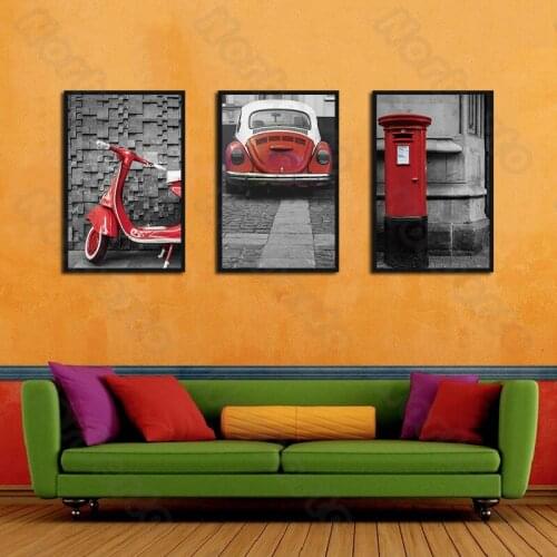 European Style Canvas Painting Wall Poster Grey Buildings Red Motorcycle Car Trash Can for Living Room Bedroom Decoration