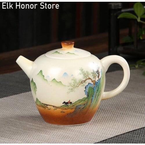 240ml Retro Coarse Ceramic Teapot Japanese Style Fire Make Loop-handled Teapot Handmade Landscape Art Teakettle Single Pots Gift