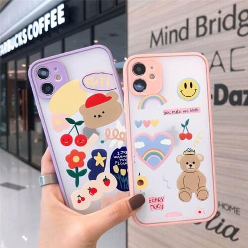 Cartoon Cherry Bear Phone Case For iPhone 12Mini XS MAX 11 Pro X XR SE20 7 8 6Plus Fashion Flower Transparent Matte Cover Fundas