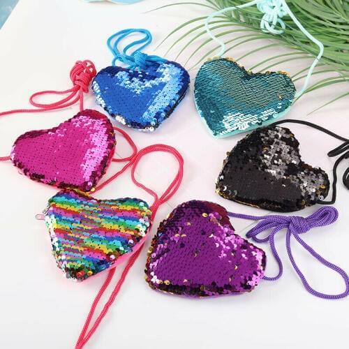 Sequins Heart Shape Kids Shoulder Coin Bag Baby Girls Mermaid Cartoon Purse Handbags Mini Wallets