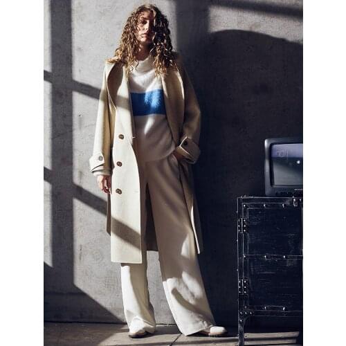 Double faced cashmere coat womens middle long lace up 2021 winter lazy hooded wool long coat