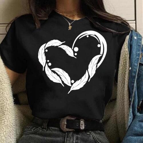 Women New Fashion Black T Shirt Feather Love Heart Print Tops Female Ladies Casual Cute Graphic Tee Shirts Women Harajuku Tshirt
