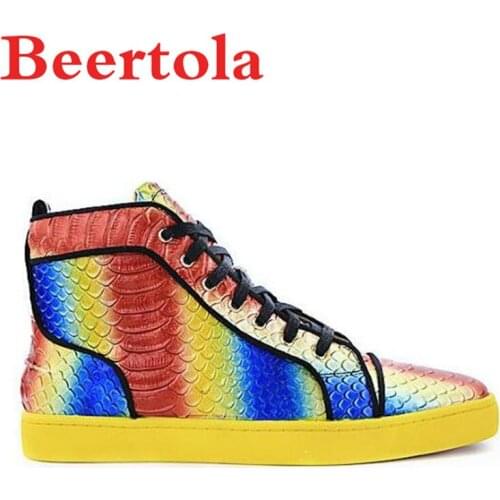 Genuine Leather Mens Casual Shoes High Top Flats Shoes Men Rainbow Snakeskin Pattern Sneakers Masculino High Quality Chaussures