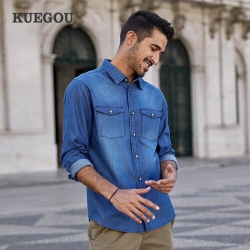 KUEGOU 2021 Autumn 100% Cotton Denim Blue Casual Shirt Men For Male Unusual Collar Button Long Sleeve Oversize Clothing 20512