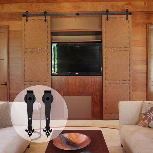 LWZH Sliding Wood Barn Door Hardware Kit Black Steel Three Leaves Shaped Track Roller Closet Door Hardware Kit for Double Door