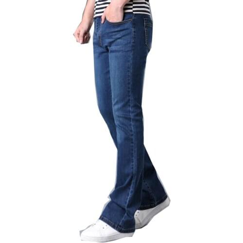 Mens jeans casual Japanese and Korean style flared pants blue elastic mens flared pants