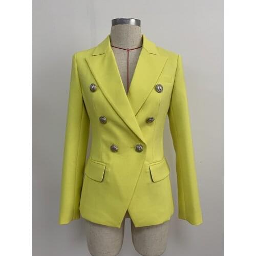 New Fashion Classic Designer lemon green Blazer Jacket Womens Lion Metal Buttons Double Breasted Yellow Blazer Outer
