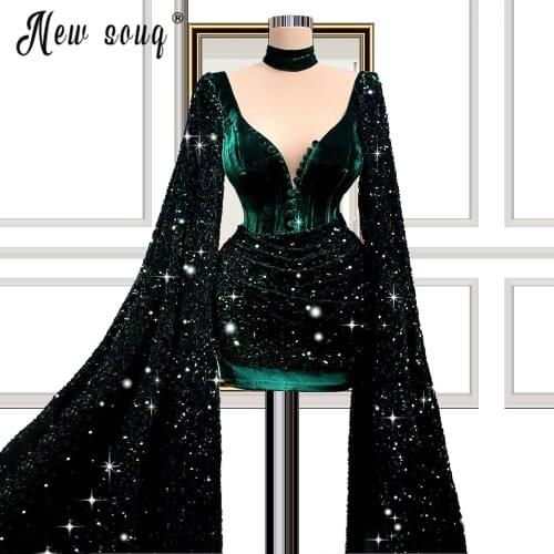 New Arrival Sparkly Green Sequin Prom Dress Long Sleeve Real Picture African Short Prom Gowns Sweetheart Vestidos De Fiesta