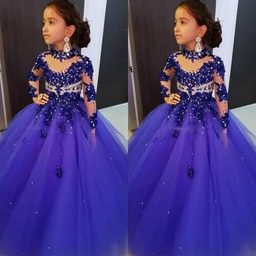 High Neck Flower Girl Dresses For Weddings Long Sleeve Royal Blue Beads Girls Pageant Dress Floor Length Kids Birthday Communion