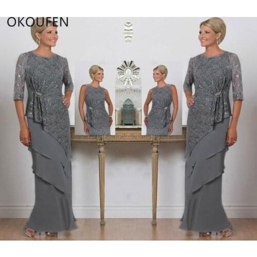 Grey Mother Of The Bride Dresses Long Lace Sequined Tiered Chiffon Half Long Sleeve Mothers Gowns Wedding Guest Dress Plus Size