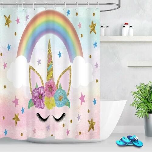Unicorn Shower Curtain Cute Magic Head Flower Fantasy Dream Rainbow Romantic Girl Kids Cartoon Bathroom Decor Set Include Hooks
